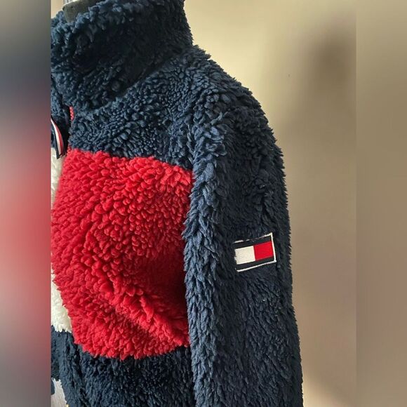TOMMY HILFIGER Women's Sherpa Jacket Color block logo full-zip teddy bear XS EUC - Picture 7 of 16
